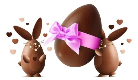 Chocolate Easter bunnies with egg and pink ribbon bow isolated on white backg Stock Illustration