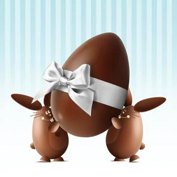 Chocolate easter bunnies with egg and silver ribbon bow isolated on white bac Stock Illustration