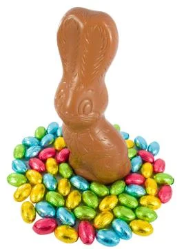 Chocolate Easter Bunny and eggs. Traditional Easter sweets. Stock Photos