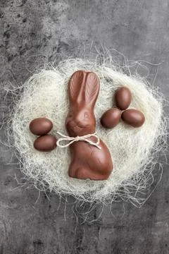 Chocolate Easter bunny and eggs in a nest on rustic background Stock Photos