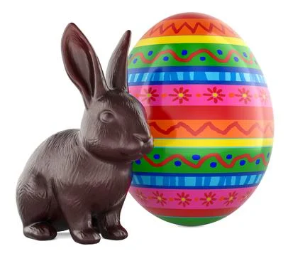 Chocolate Easter bunny with colorful decorated Easter egg, 3d rendering Stock Illustration