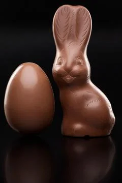 Chocolate Easter bunny, eggs and sweets on rustic background Stock Photos