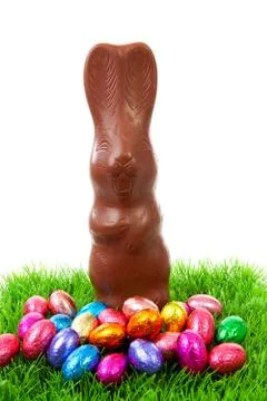 Chocolate easter bunny on grass Stock Photos