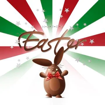 Chocolate easter bunny with red ribbon bow and text isolated on stars Stock Illustration