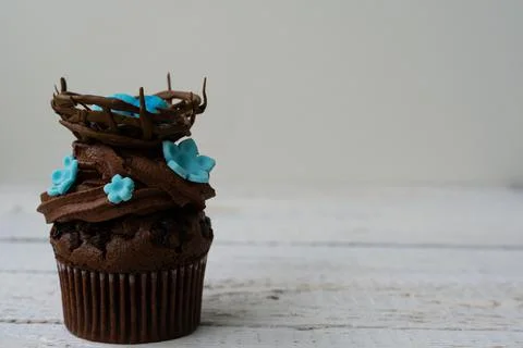 Chocolate easter cupcake with chocolate nest and decorative eggs. Spring flow Stock Photos