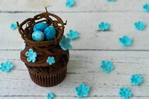 Chocolate easter cupcake with chocolate nest and decorative eggs. Spring flow Foto stock