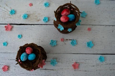 Chocolate easter cupcake with chocolate nest and decorative eggs. Spring flow Stock Photos