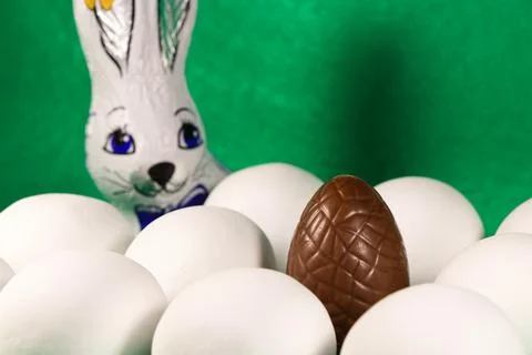 Chocolate Easter Egg With Candy Coated Eggs And Bunny Stock Photos