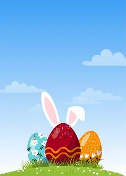 Chocolate easter egg with ears in the meadow. Modern easter card with spring Stock Illustration