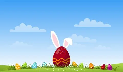 Chocolate Easter egg with ears in the meadow. Modern Easter card with sky and Stock Illustration
