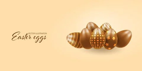 Chocolate Easter eggs, banner, realistic 3d . Vector illustration on transp.. Stock Illustration