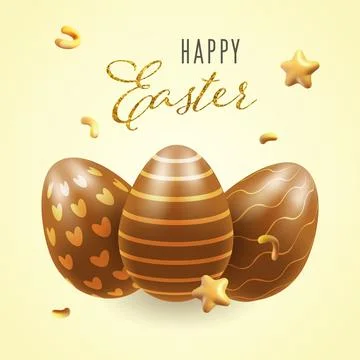 Chocolate easter eggs, banner, realistic 3d square. Stars, confetti Vector .. Stock Illustration