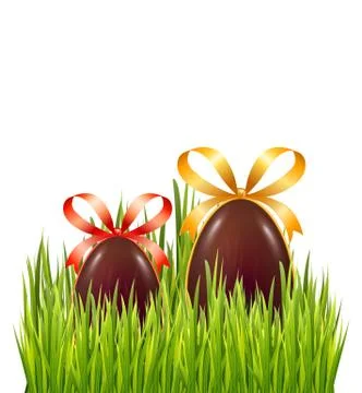 Chocolate Easter eggs with bow, ribbon on white background, fresh green grass. Stock Illustration