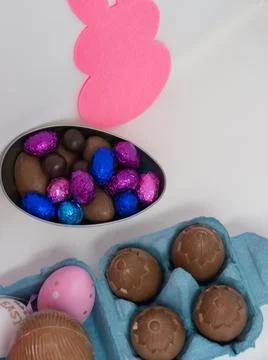 Chocolate Easter eggs in an egg carton Stock Photos