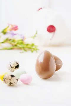 Chocolate Easter eggs glazed with pastel coloring and quail eggs over white b Stock Photos