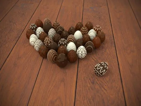 Chocolate easter eggs heart on brown wooden floor Stock Illustration