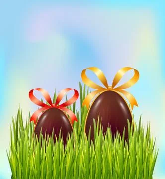 Chocolate Easter eggs hidden in green grass on sky background. Greeting card Stock Illustration