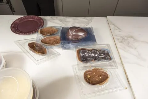 Chocolate Easter eggs inside molds waiting to be removed. Stock Photos