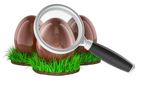 Chocolate Easter Eggs with loupe. Egg hunt, concept. 3D rendering Stock Illustration