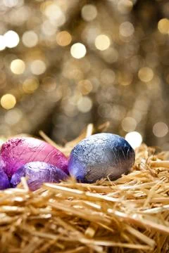 Chocolate easter eggs in a natural straw nest Stock Photos