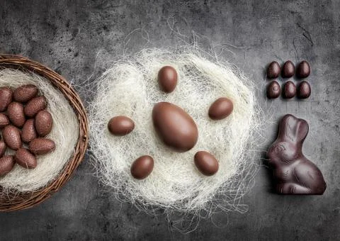 Chocolate Easter eggs in a nest on rustic background Stock Photos