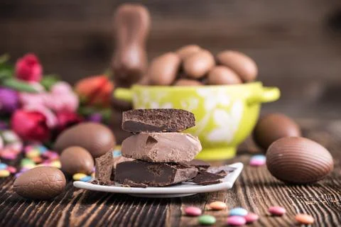 Chocolate Easter eggs with raw chocolate Stock Photos