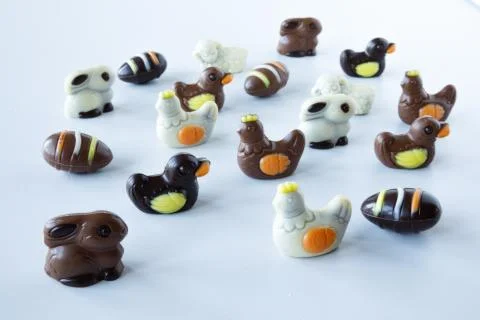 Chocolate easter figures: egg, bunny, duck, sheep, chicken Stock Photos