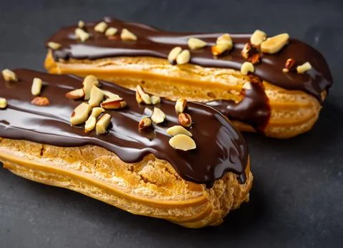 Chocolate eclairs with calamelized nuts Stock Photos