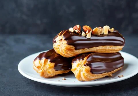 Chocolate eclairs with calamelized nuts Stock-Fotos