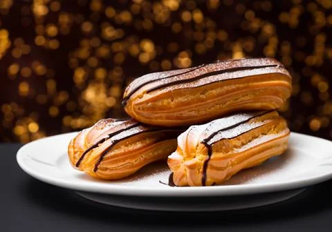 Chocolate eclairs with calamelized nuts Stock Photos