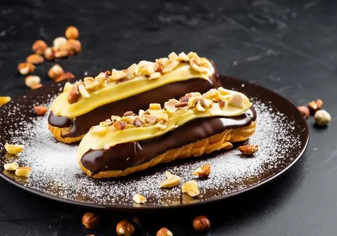 Chocolate eclairs with calamelized nuts Stock Photos