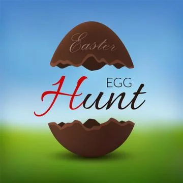 Chocolate egg 3D Happy Easter. Egg Hunt text. Broken brown Easter egg, blurre Illustrazione stock