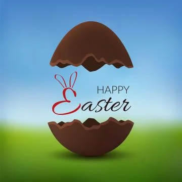 Chocolate egg 3D Happy Easter text. Broken brown Easter egg, blurred green gr Stock Illustration