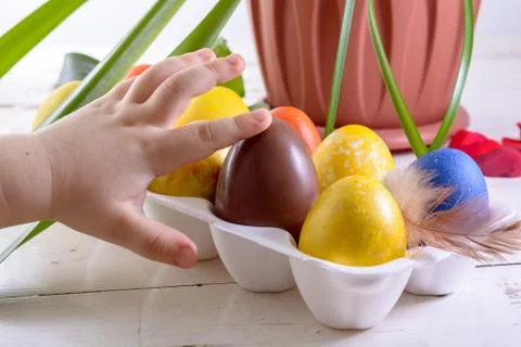 Chocolate egg among colored easter eggs. Child's finger pointing at a choco.. Stock Photos