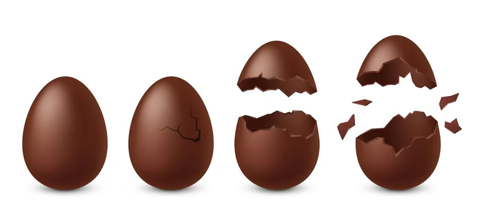 Chocolate egg. Dessert in shape of chicken eggs collection whole and broken, two Stock Illustration