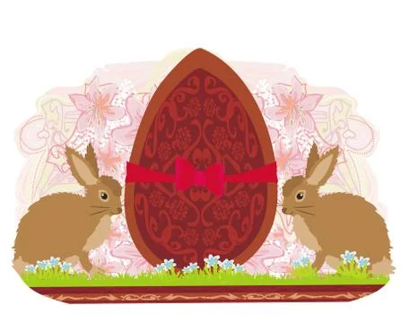 Chocolate egg with red bow and two beautiful rabbits Illustrazione stock