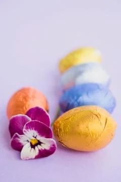 Chocolate eggs in foil, with pansy Stock Photos
