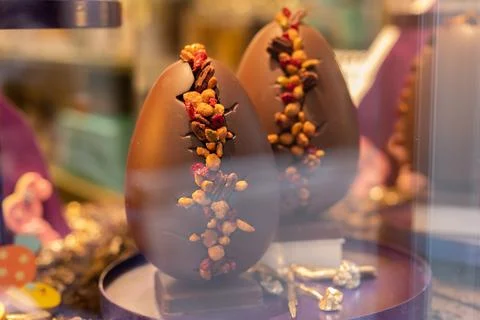 Chocolate eggs in a shop window Stock Photos