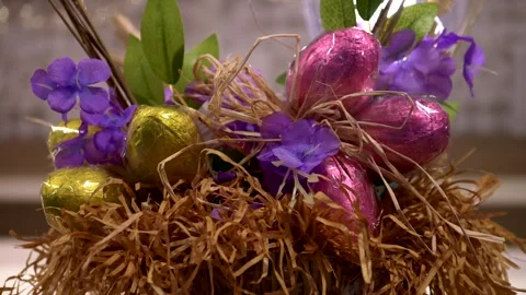 Chocolate eggs, Typical Italian sweets in Easter season. Panning 4K Stock Footage 335632812