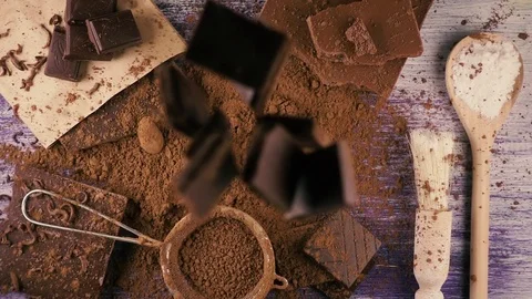 Chocolate falls down on cocoa powder. Slow mo. Top view Stock Footage 75186622