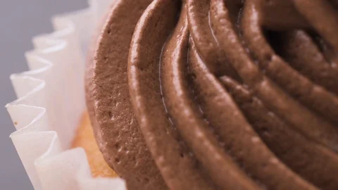 Chocolate Ganache Cream on Cupcake Pull Focus Close Up Stock Footage 126164242