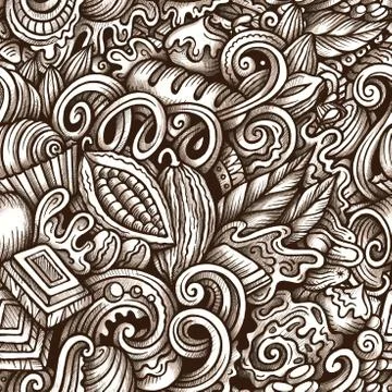 Chocolate hand drawn graphics doodles seamless pattern. Stock Illustration