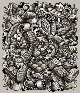 Chocolate hand drawn vector doodles illustration. Choco poster design Illustrazione stock