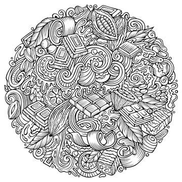 Chocolate hand drawn vector doodles illustration. Choco poster design Illustrazione stock
