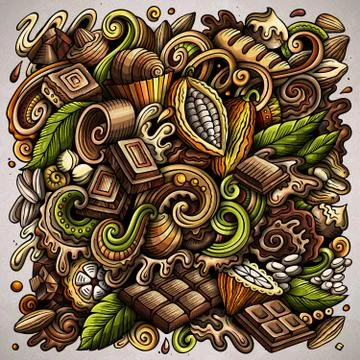 Chocolate hand drawn vector doodles illustration. Choco poster design Illustrazione stock