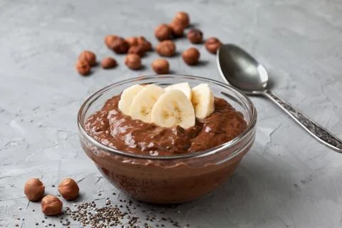 Chocolate hazelnut chia pudding Stock Photos