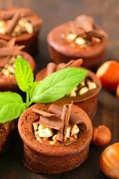 Chocolate hazelnut cups with mint garnish Stock Photos