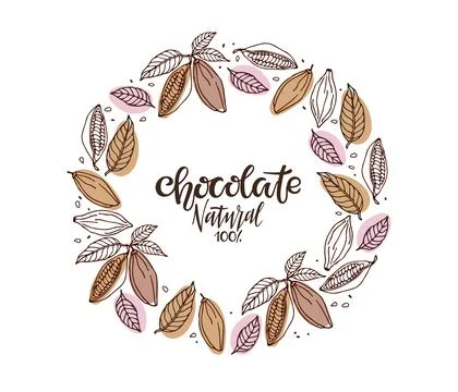 Chocolate label. Round Cocoa beans frame. Doodle Outline vector illustration 库存插图