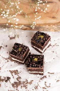 Chocolate layer dessert cubes with piped topping, chocolate shavings Stock Photos