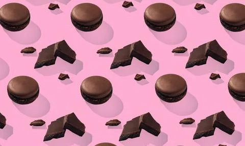 Chocolate macarons pattern with piece of chocolate on pink background Stock Photos